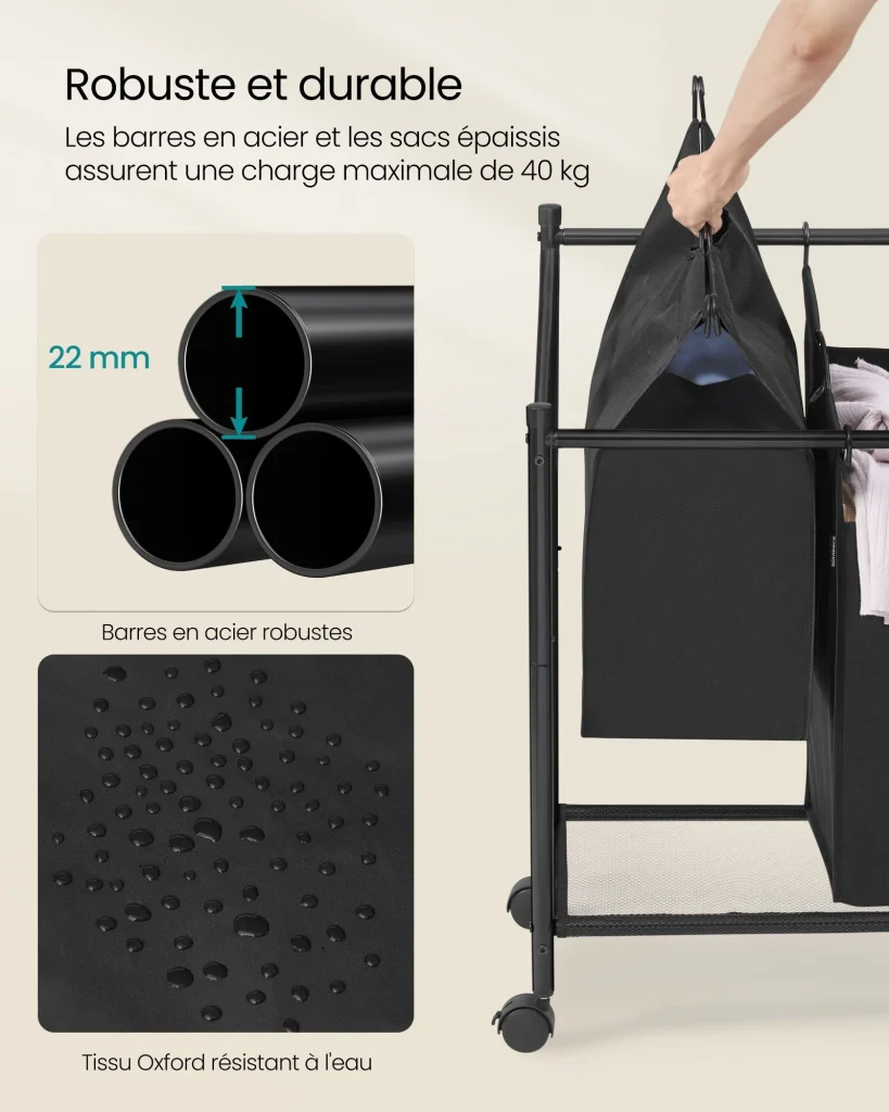 Carrello portabiancheria cesto portabiancheria cesto portabiancheria con 4 sacchi estraibili cesto portabiancheria con ruote cesto portabiancheria robusto 4 x 35 litri nero 12_0005002 - Image 3