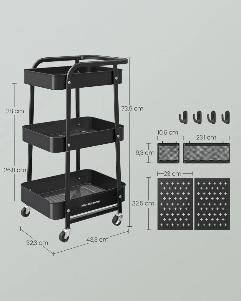 Carrello portaoggetti 3 ripiani in rete metallica 2 pannelli forati estraibili 2 ripiani appendiabiti 4 ganci per ufficio cucina soggiorno bagno nero 12_0005011 - Image 2