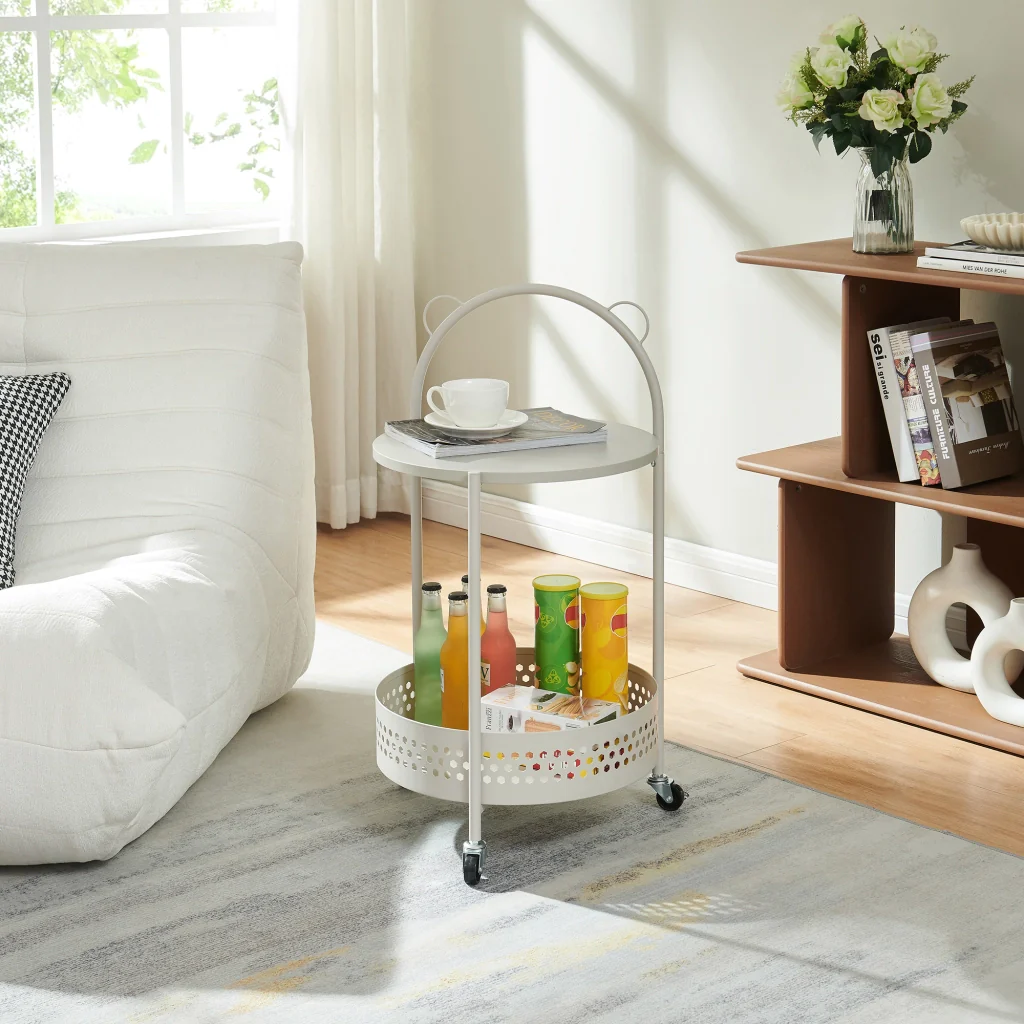 Carrello Portaoggetti Jässaatka a Rotelle Tavolino Rotondo in Acciaio con 2 Ripiani 76 x Ø40 cm - Grigio [en.casa]