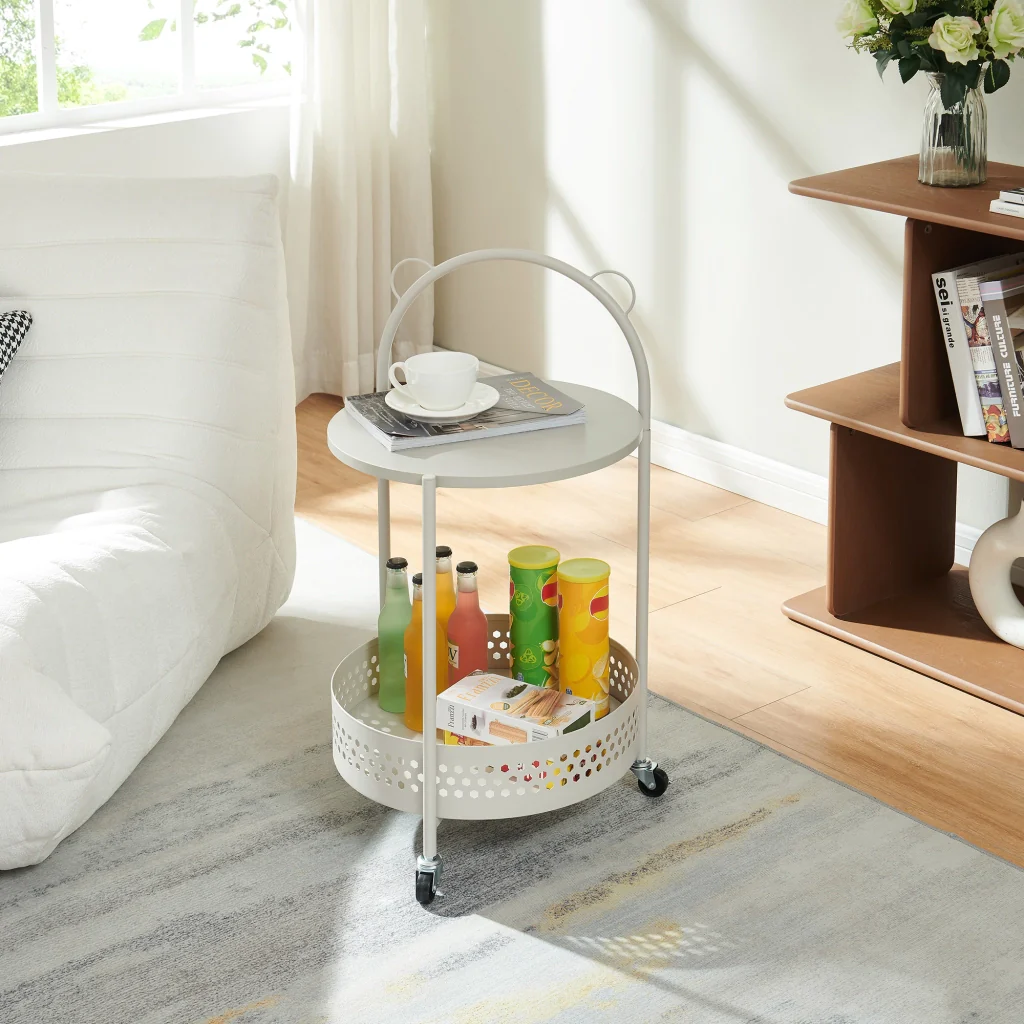 Carrello Portaoggetti Jässaatka a Rotelle Tavolino Rotondo in Acciaio con 2 Ripiani 76 x Ø40 cm - Grigio [en.casa] - Image 3
