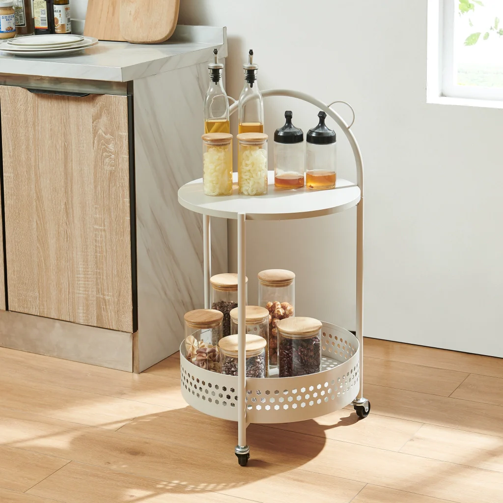 Carrello Portaoggetti Jässaatka a Rotelle Tavolino Rotondo in Acciaio con 2 Ripiani 76 x Ø40 cm - Grigio [en.casa] - Image 4