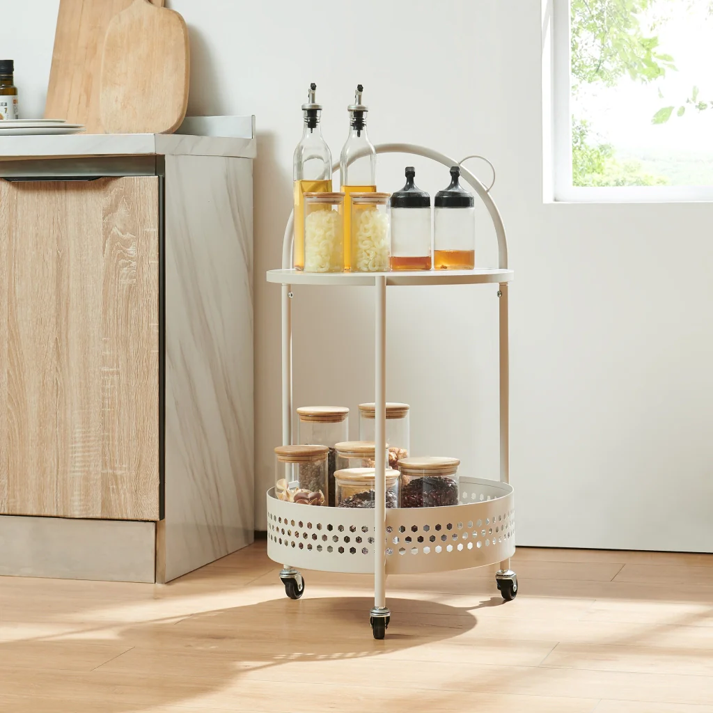 Carrello Portaoggetti Jässaatka a Rotelle Tavolino Rotondo in Acciaio con 2 Ripiani 76 x Ø40 cm - Grigio [en.casa] - Image 5