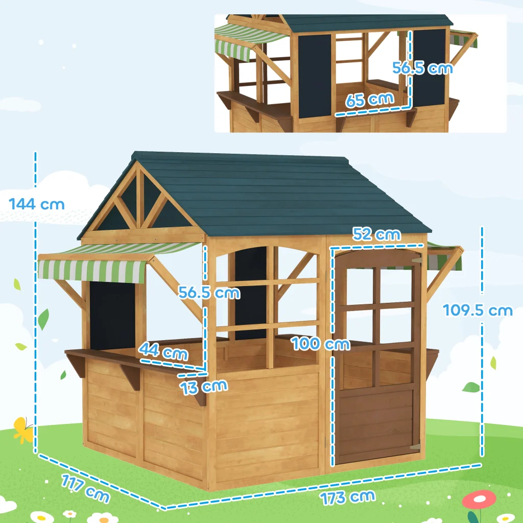 Casetta per Bambini 3-8 Anni 173x117x144 cm con 5 Finestre e 2 Lavagne in Legno di Abete Marrone e Blu - Image 3