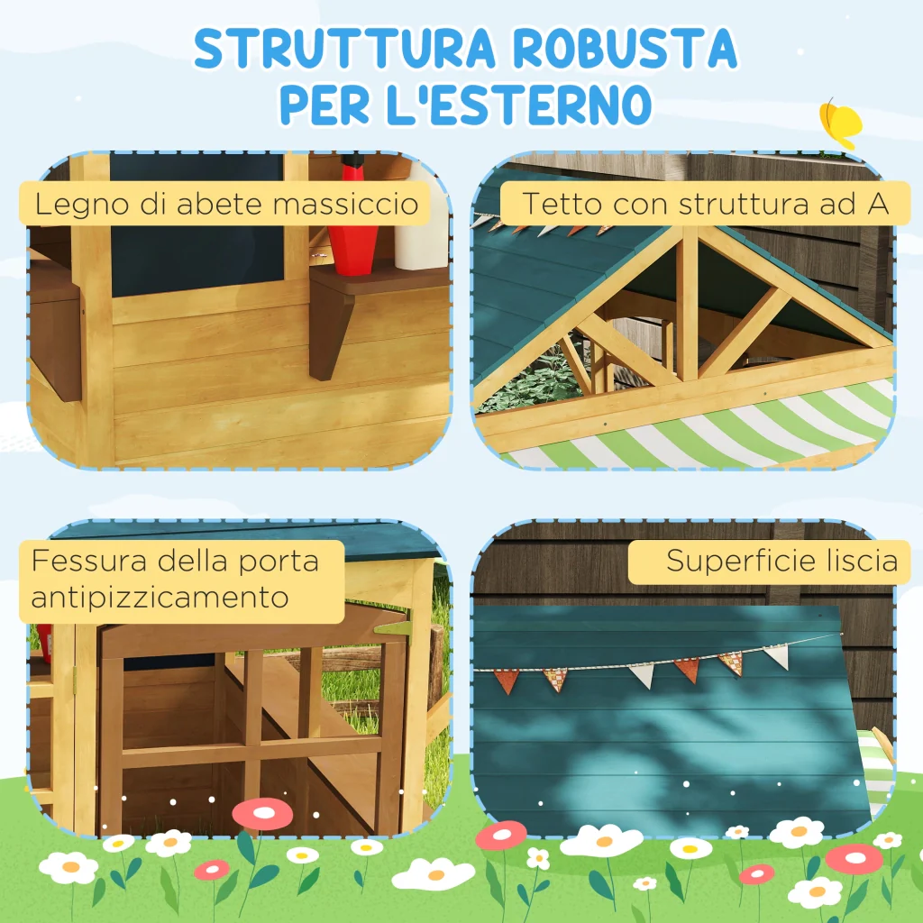 Casetta per Bambini 3-8 Anni 173x117x144 cm con 5 Finestre e 2 Lavagne in Legno di Abete Marrone e Blu - Image 7