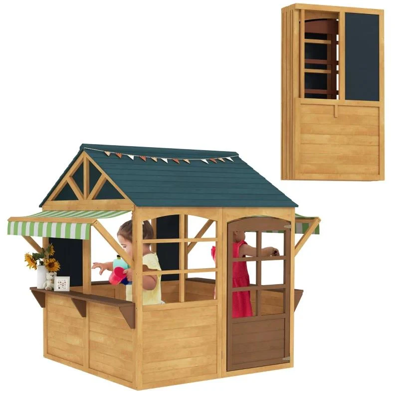 CASETTA PER BAMBINI 3-8 ANNI CON 5 FINESTRE E 2 LAVAGNE IN LEGNO DI ABETE 173X117X144 CM MARRONE E BLU
