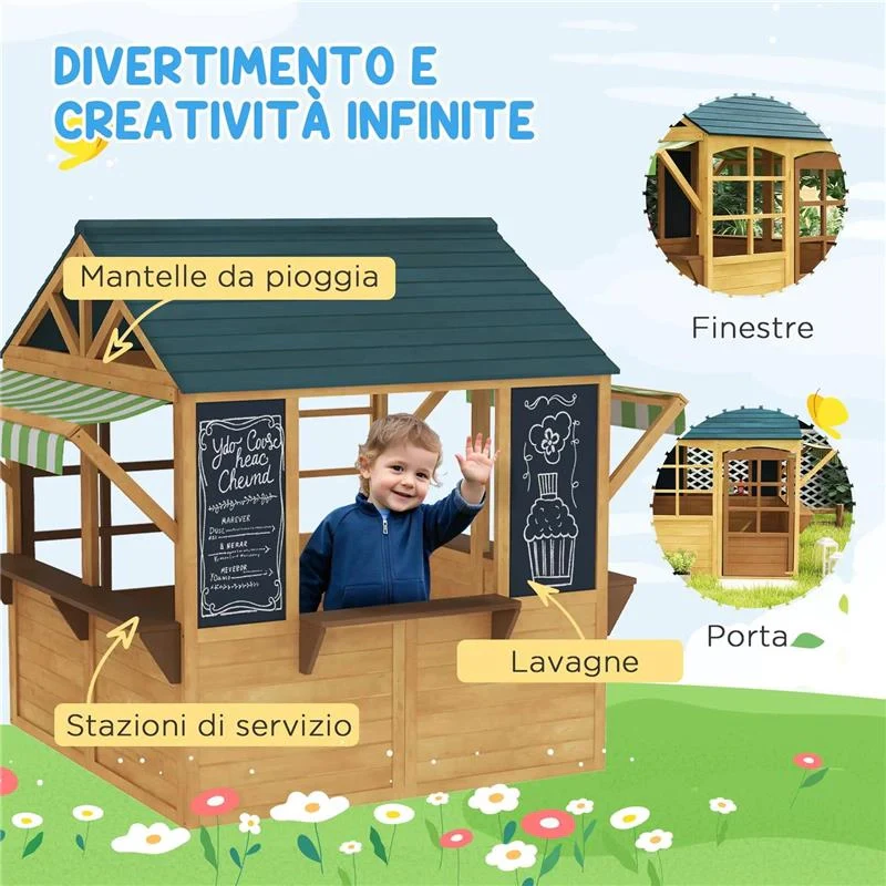 CASETTA PER BAMBINI 3-8 ANNI CON 5 FINESTRE E 2 LAVAGNE IN LEGNO DI ABETE 173X117X144 CM MARRONE E BLU - Image 3