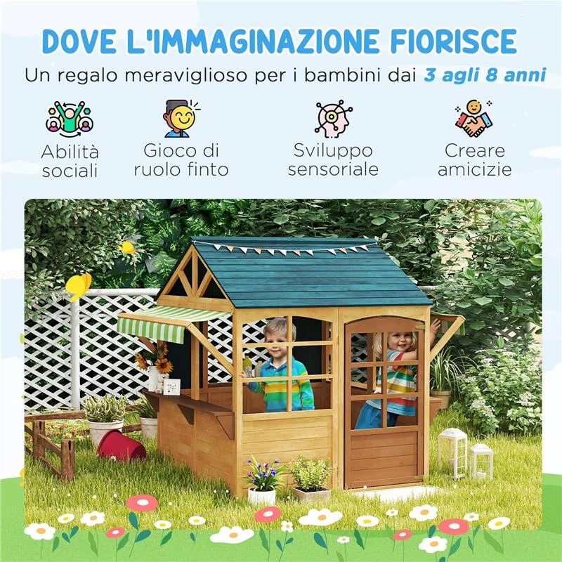 CASETTA PER BAMBINI 3-8 ANNI CON 5 FINESTRE E 2 LAVAGNE IN LEGNO DI ABETE 173X117X144 CM MARRONE E BLU - Image 4