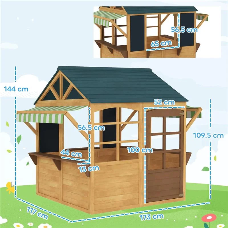 CASETTA PER BAMBINI 3-8 ANNI CON 5 FINESTRE E 2 LAVAGNE IN LEGNO DI ABETE 173X117X144 CM MARRONE E BLU - Image 8