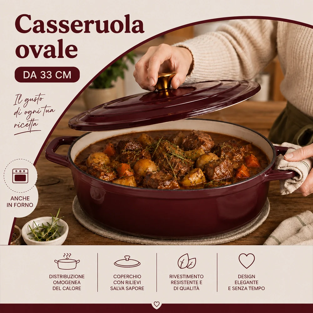 Casseruola Pesante 33 cm Bordeaux Ghisa Pentola Olandese Conservazione Calore - Image 3
