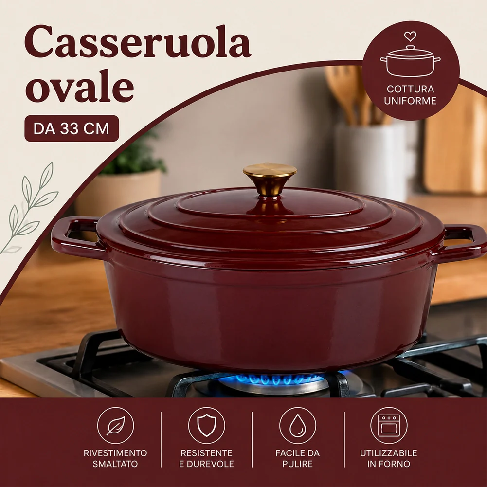Casseruola Pesante 33 cm Bordeaux Ghisa Pentola Olandese Conservazione Calore - Image 4