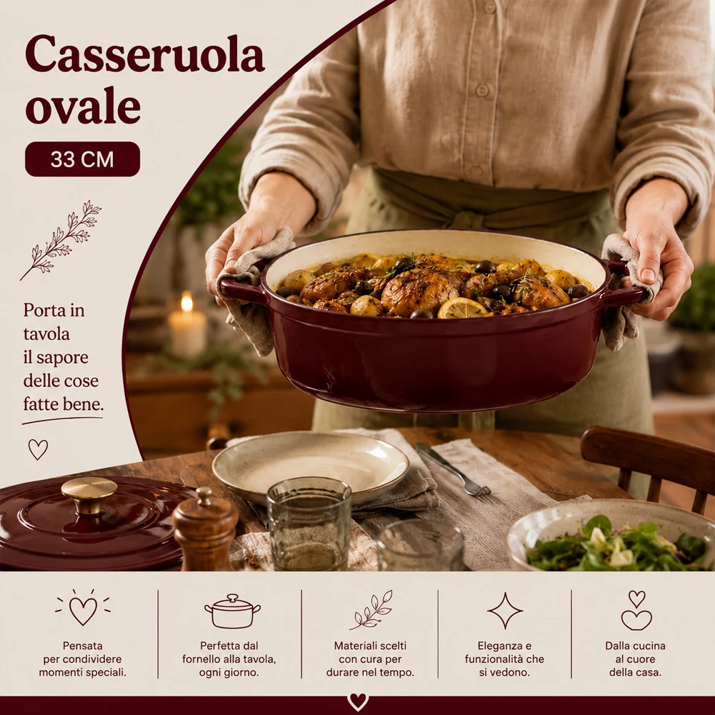 Casseruola Pesante 33 cm Bordeaux Ghisa Pentola Olandese Conservazione Calore - Image 5