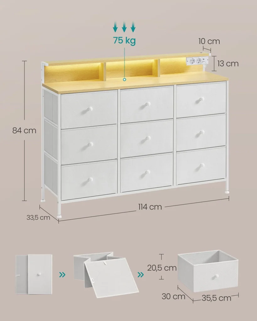 Cassettiera con 9 cassetti e illuminazione a LED multipresa struttura in acciaio 335 x 114 x 84 cm per camera da letto o soggiorno bianco nuvola 12_0005214 - Image 3