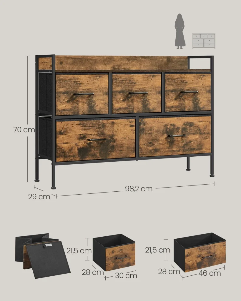 Cassettiera in tessuto 29 x 982 x 70 cm mobile contenitore con 7 cassetti su 3 livelli con maniglie in metallo stile industriale marrone 12_0005209 - Image 3