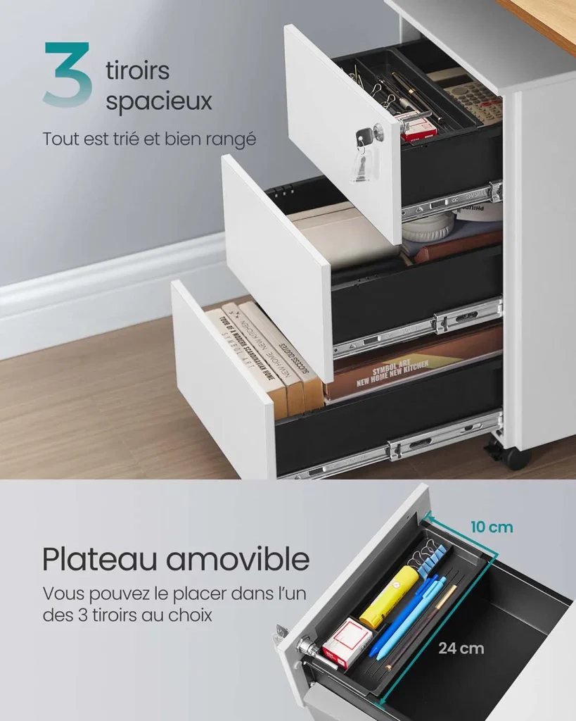 Cassettiera mobile per ufficio con serratura e 3 cassetti 39 x 45 x 55 cm contenitore preassemblato per documenti e cancelleria per ufficio o home office bianco 12_0004824 - Image 2