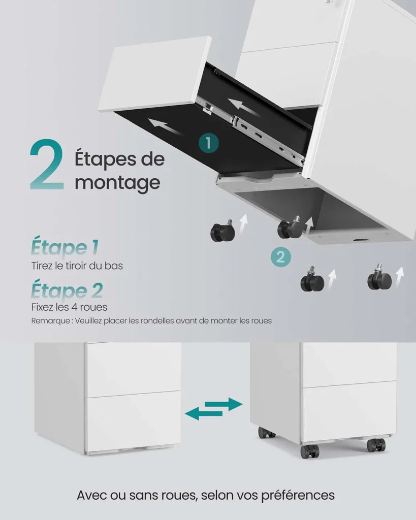 Cassettiera mobile per ufficio con serratura e 3 cassetti 39 x 45 x 55 cm contenitore preassemblato per documenti e cancelleria per ufficio o home office bianco 12_0004824 - Image 5