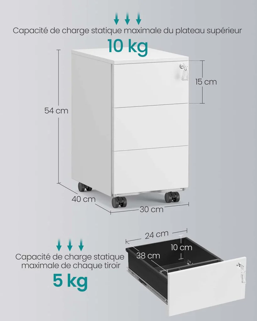 Cassettiera mobile per ufficio con serratura e 3 cassetti 39 x 45 x 55 cm contenitore preassemblato per documenti e cancelleria per ufficio o home office bianco 12_0004824 - Image 6