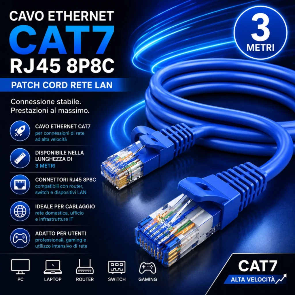 Cavo Ethernet Cat7 RJ45 8P8C, Patch Cord Rete LAN, Disponibile in Lunghezza 5M,10M,20M (3M) - Image 2