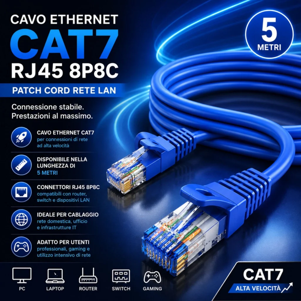 Cavo Ethernet Cat7 RJ45 8P8C, Patch Cord Rete LAN, Disponibile in Lunghezza 5M,10M,20M (5M) - Image 2