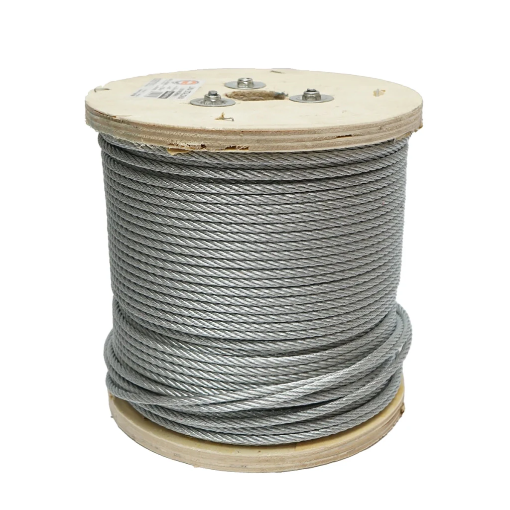Cavo in acciaio zincato 5mm, 6x7 trefoli, carico massimo 1460Kg, peso 13,1Kg, 150m/rotolo