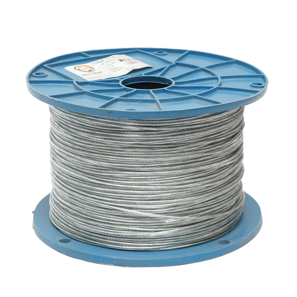 Cavo in acciaio zincato con rivestimento in PVC, 2 mm, 1x7 trefoli, carico massimo 95 kg, peso 4,4 kg, 500 m/rotolo