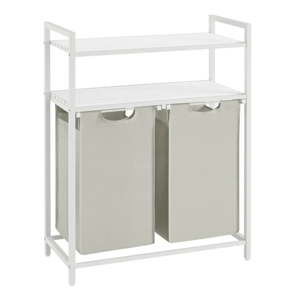 Cesto portabiancheria con 2 scomparti e 2 ripiani sacchetti estraibili capacità 46 litri per sacchetto per bagno/lavanderia marrone rustico e nero 12_0006754