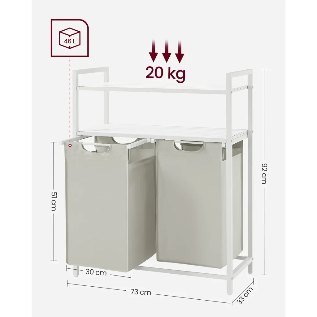 Cesto portabiancheria con 2 scomparti e 2 ripiani sacchetti estraibili capacità 46 litri per sacchetto per bagno/lavanderia marrone rustico e nero 12_0006754 - Image 5
