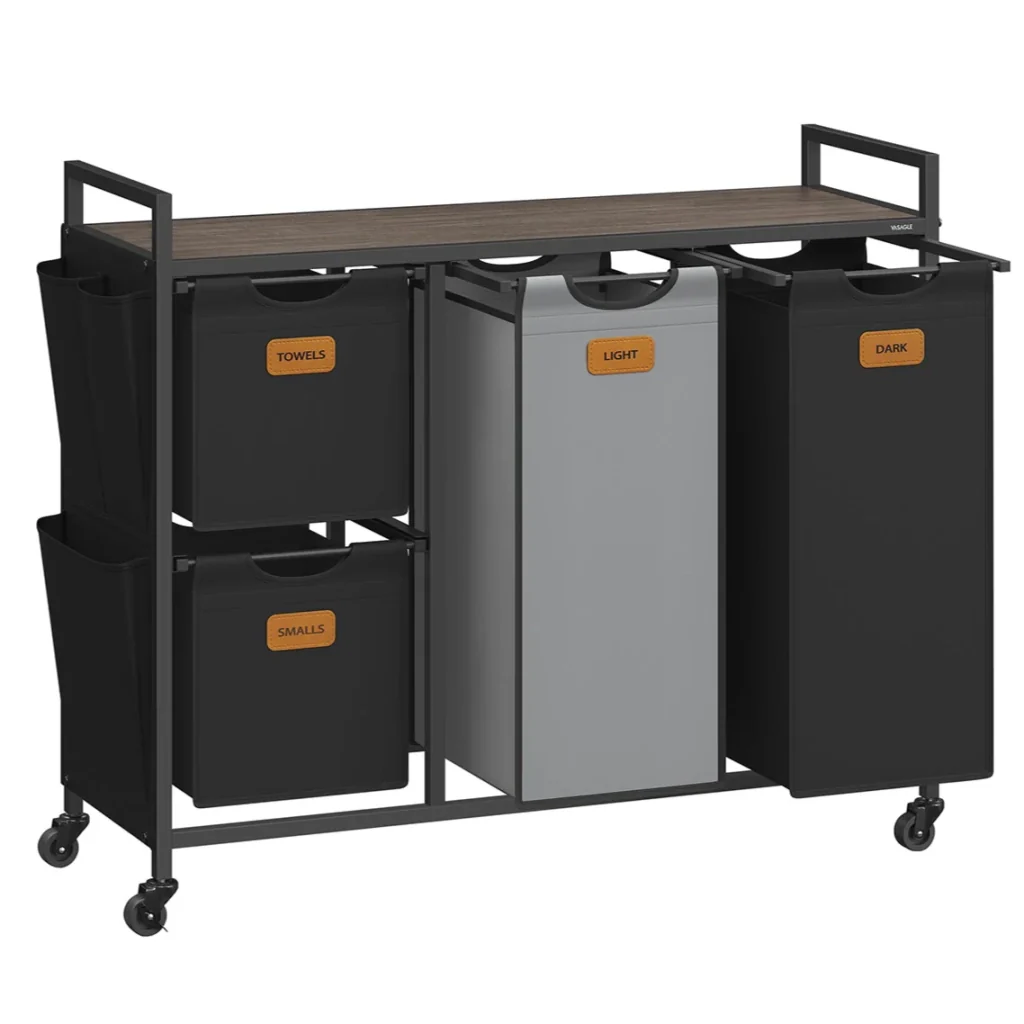 Cesto portabiancheria 4 scomparti 150 litri ruote carrello con ripiani sacco tasche laterali 6 etichette nero 12_0006658