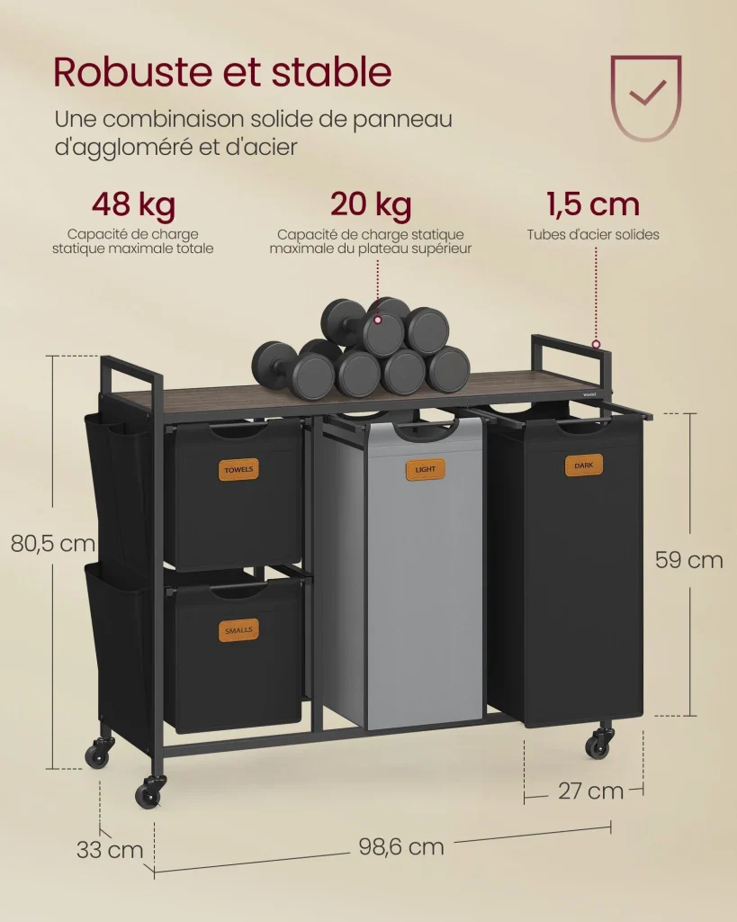 Cesto portabiancheria 4 scomparti 150 litri ruote carrello con ripiani sacco tasche laterali 6 etichette nero 12_0006658 - Image 4