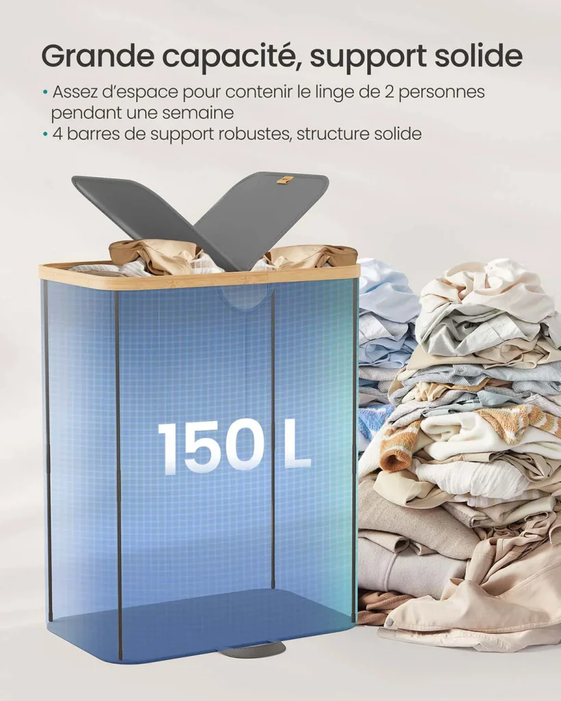 Cesto portabiancheria a 2 scomparti 150 litri contenitore per biancheria sporca con coperchio e sacchetti rimovibili per lavanderia camera da letto soggiorno grigio 12_0006663 - Image 2