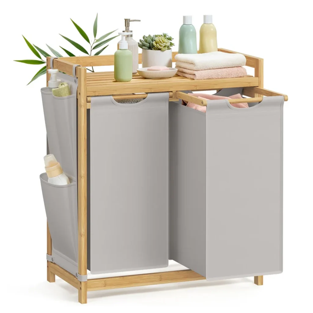 Cesto portabiancheria con 3 scomparti cesto portabiancheria sporca in bambù capacità 150 litri con ripiano tasche laterali 3 x 50L 94 x 33 x 78 cm grigio 12_0006670