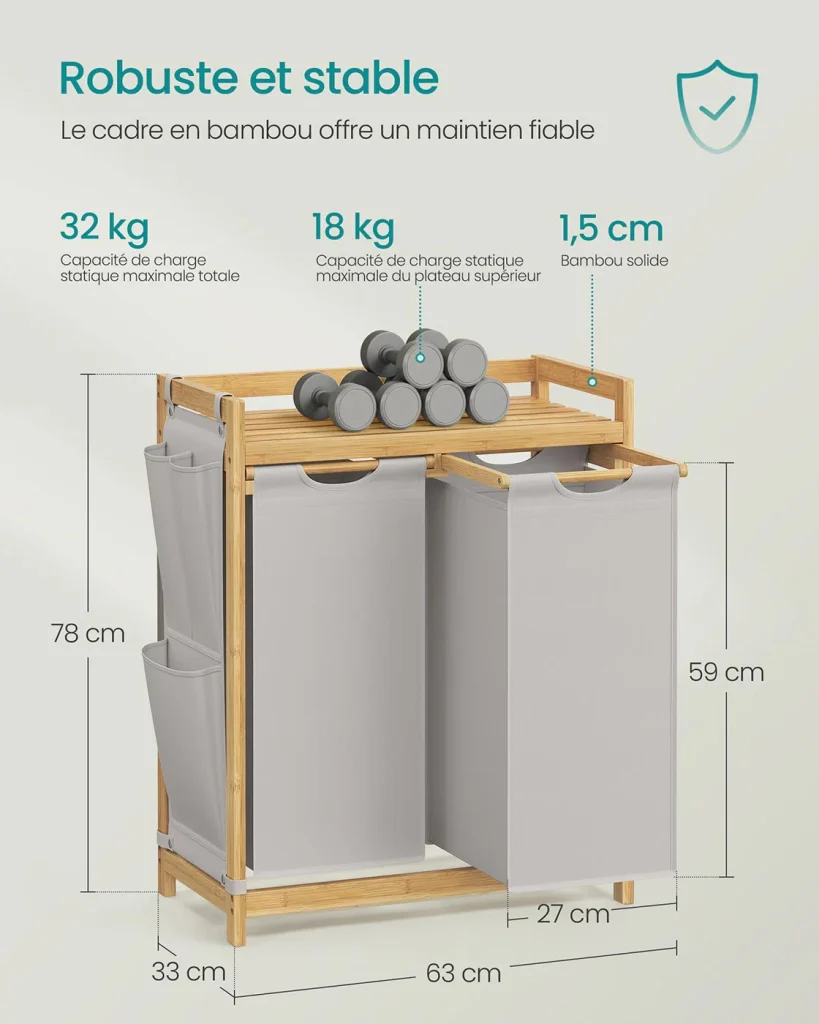 Cesto portabiancheria con 3 scomparti cesto portabiancheria sporca in bambù capacità 150 litri con ripiano tasche laterali 3 x 50L 94 x 33 x 78 cm grigio 12_0006670 - Image 6
