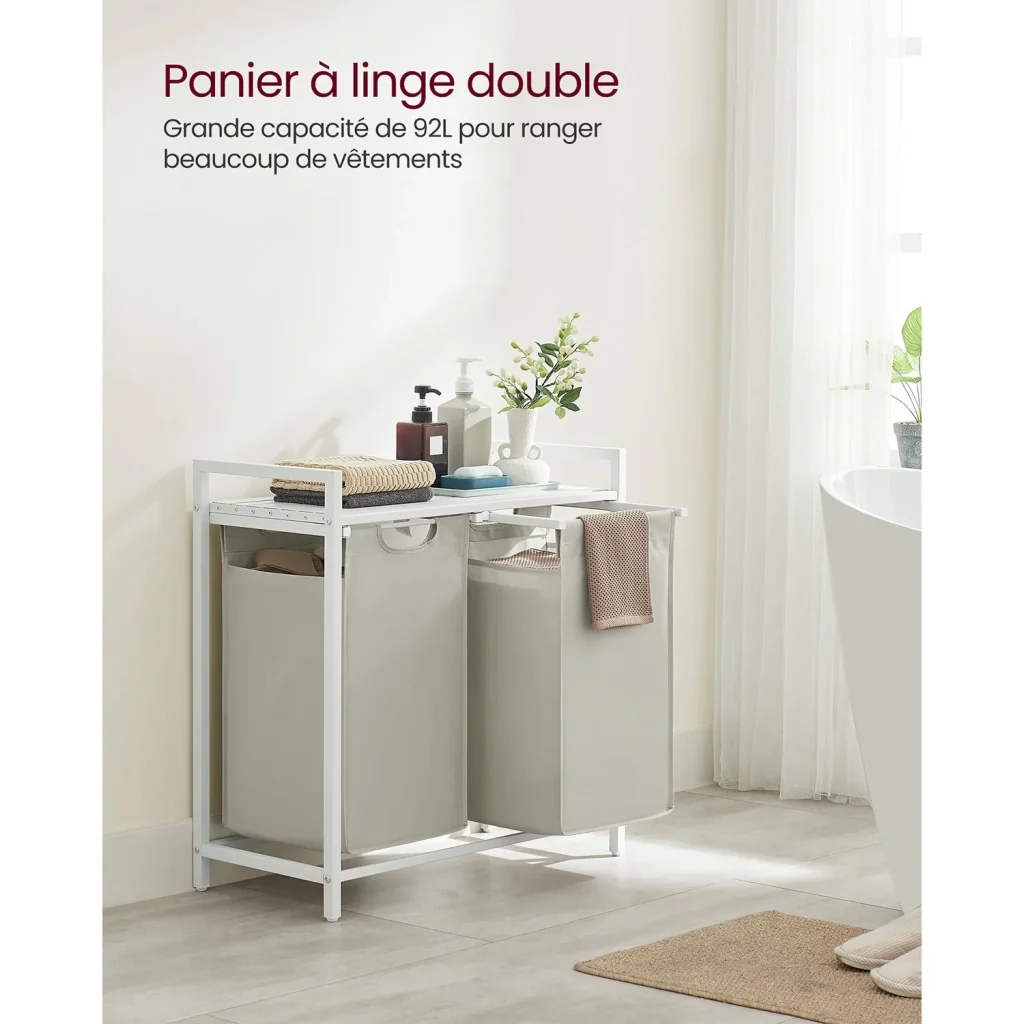 Cesto portabiancheria con 3 scomparti e 1 ripiano portaoggetti 73 x 33 x 72 cm sacchetti estraibili per bagno/lavanderia bianco 12_0006763 - Image 2