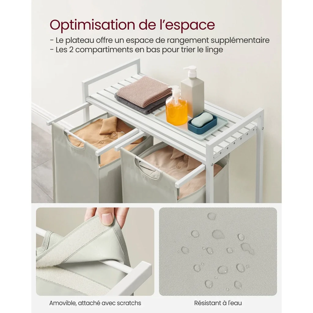 Cesto portabiancheria con 3 scomparti e 1 ripiano portaoggetti 73 x 33 x 72 cm sacchetti estraibili per bagno/lavanderia bianco 12_0006763 - Image 3