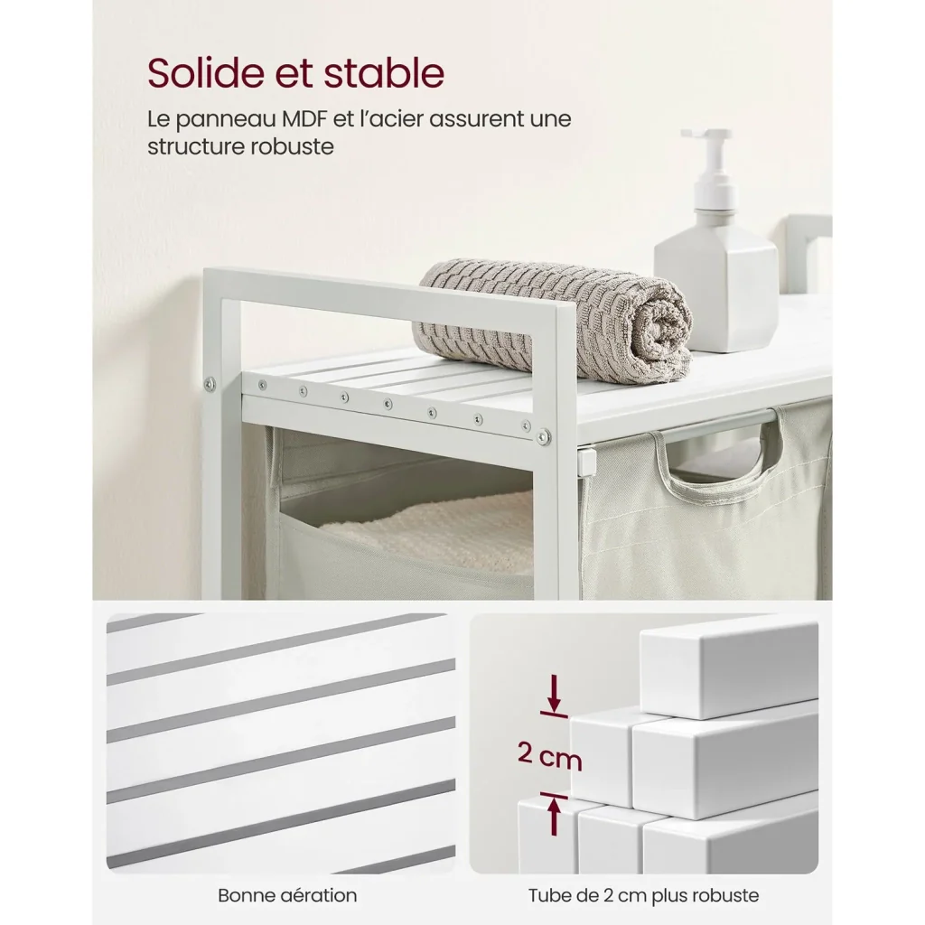 Cesto portabiancheria con 3 scomparti e 1 ripiano portaoggetti 73 x 33 x 72 cm sacchetti estraibili per bagno/lavanderia bianco 12_0006763 - Image 4