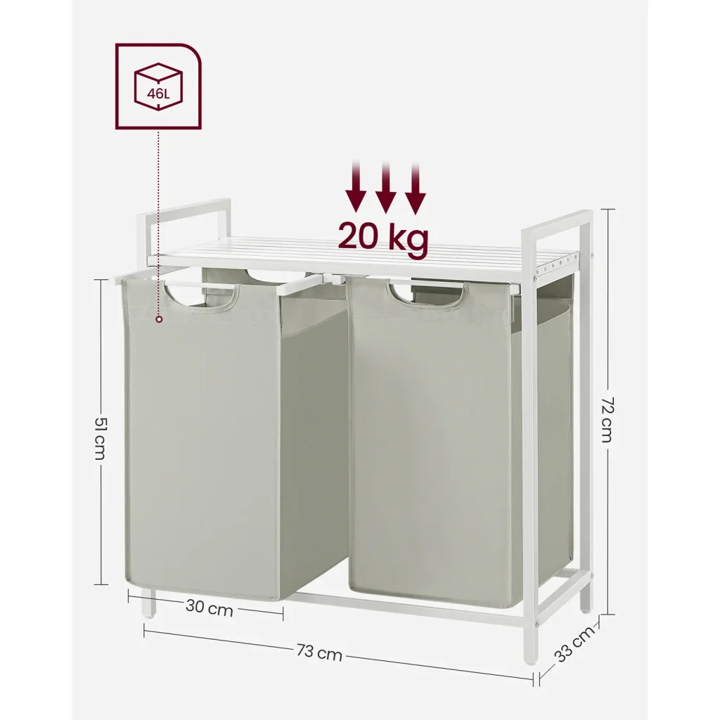 Cesto portabiancheria con 3 scomparti e 1 ripiano portaoggetti 73 x 33 x 72 cm sacchetti estraibili per bagno/lavanderia bianco 12_0006763 - Image 6