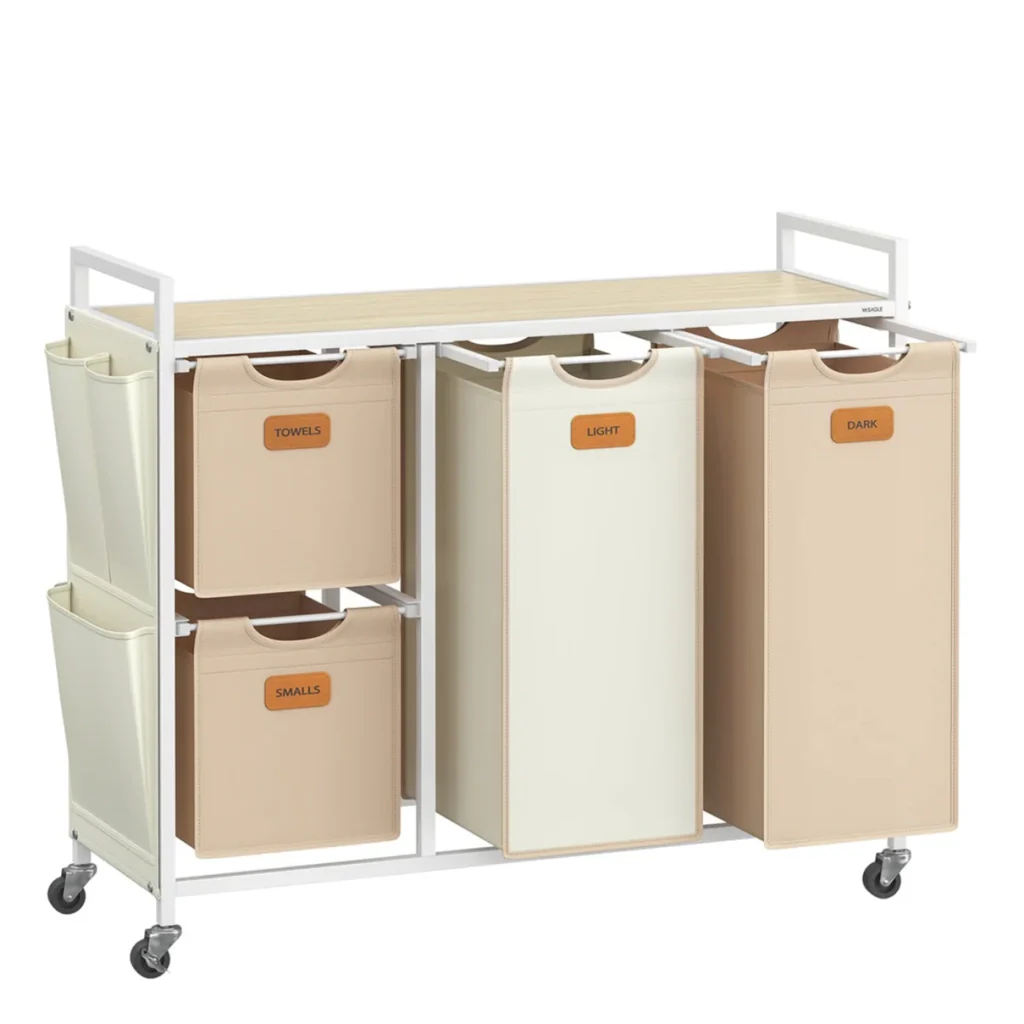 Cesto portabiancheria con 4 scomparti capacità 150 litri cestino con ruote carrello con ripiani borsa tasche laterali 6 etichette beige naturale marrone caramello e bianco crema 12_0006657