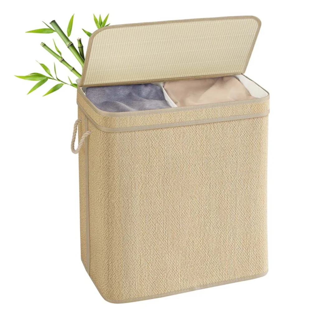 Cesto portabiancheria in bambù cesto per biancheria sporca da 90 litri sacco rimovibile e lavabile in lavatrice coperchio manici lavanderia camera da letto soggiorno beige 12_0006716