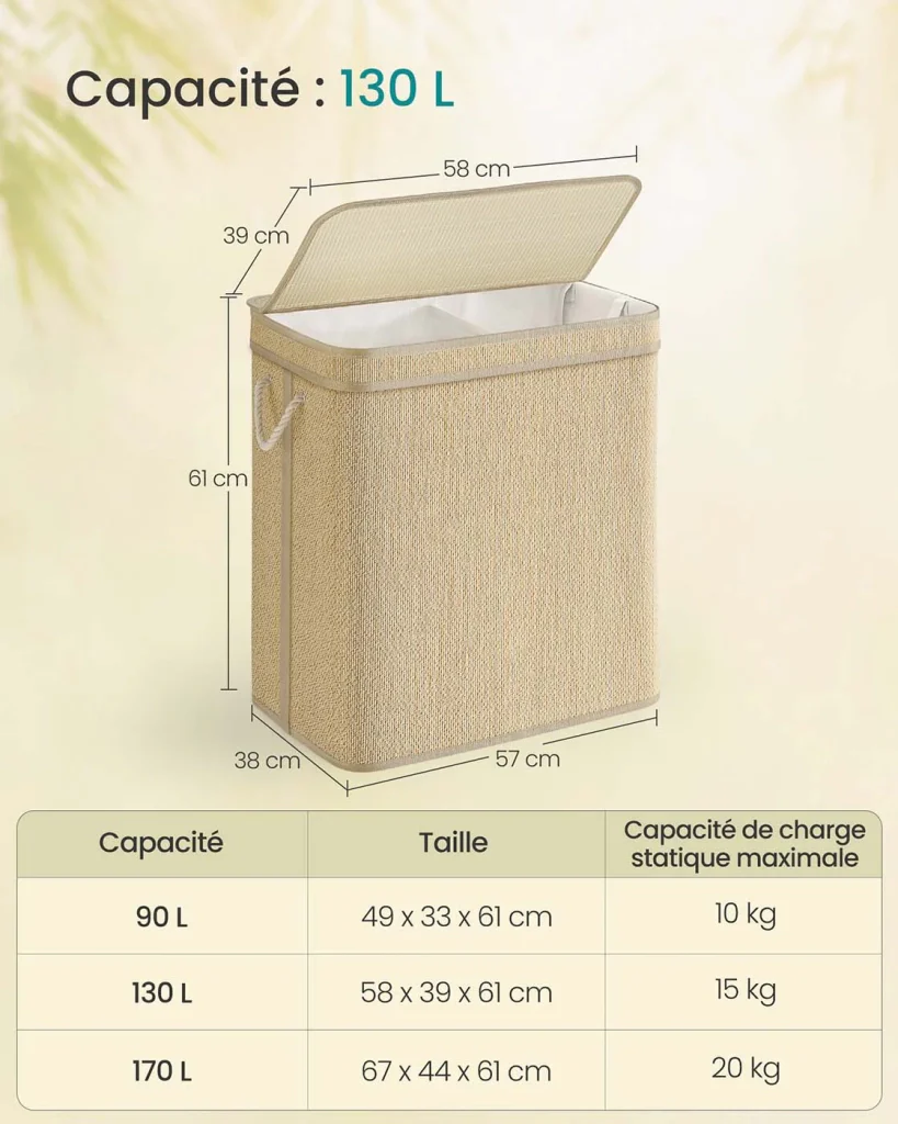 Cesto portabiancheria in bambù cesto per biancheria sporca da 90 litri sacco rimovibile e lavabile in lavatrice coperchio manici lavanderia camera da letto soggiorno beige 12_0006716 - Image 2