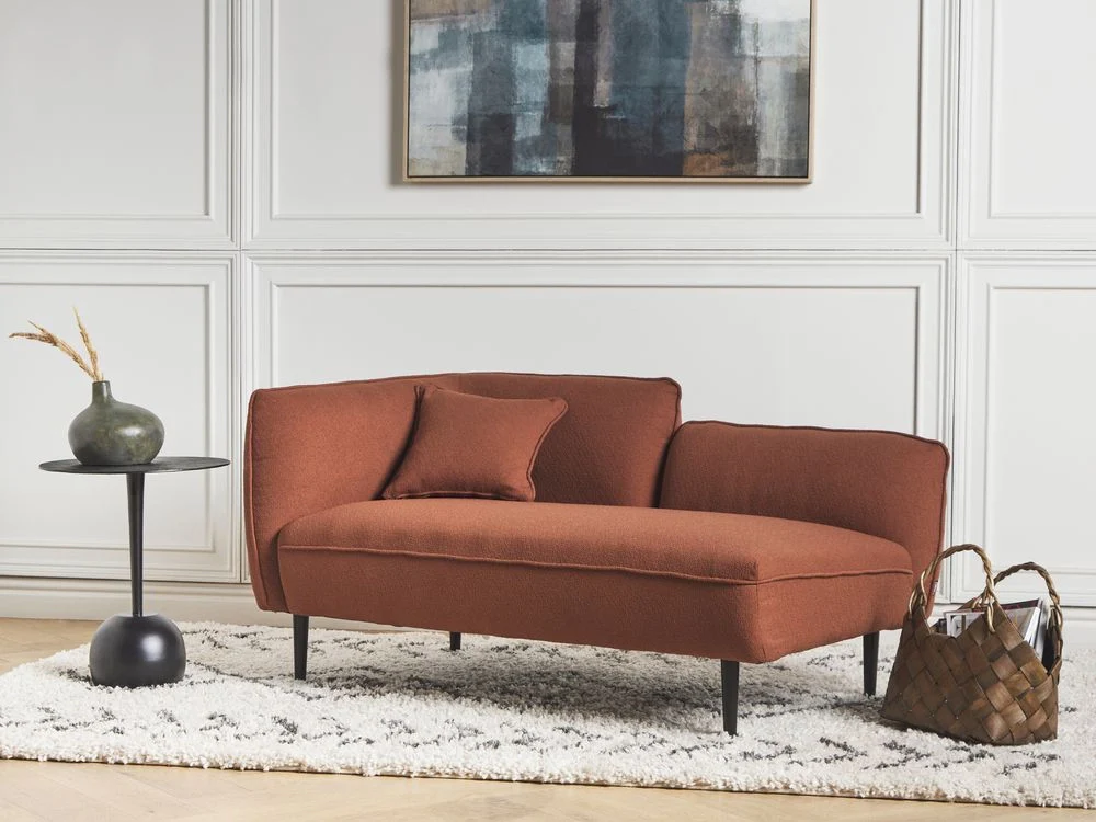 Chaise longue in tessuto bouclé rosso scuro Gambe in metallo a sinistra con cuscino Design moderno - Image 4
