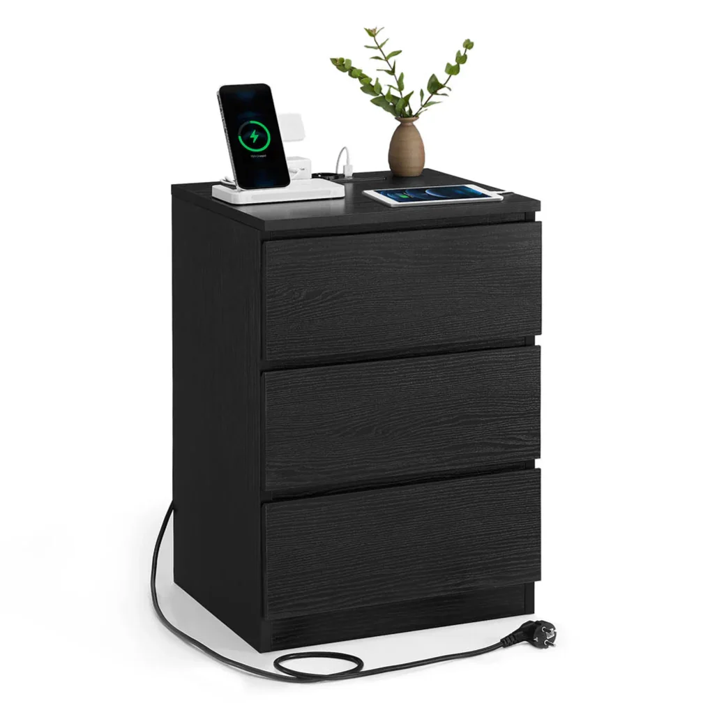 Comodino con multipresa tavolino laterale con 3 cassetti 2 prese CA 2 porte USB frontali dei cassetti smussati per soggiorno camera da letto ufficio moderno nero 12_0007609