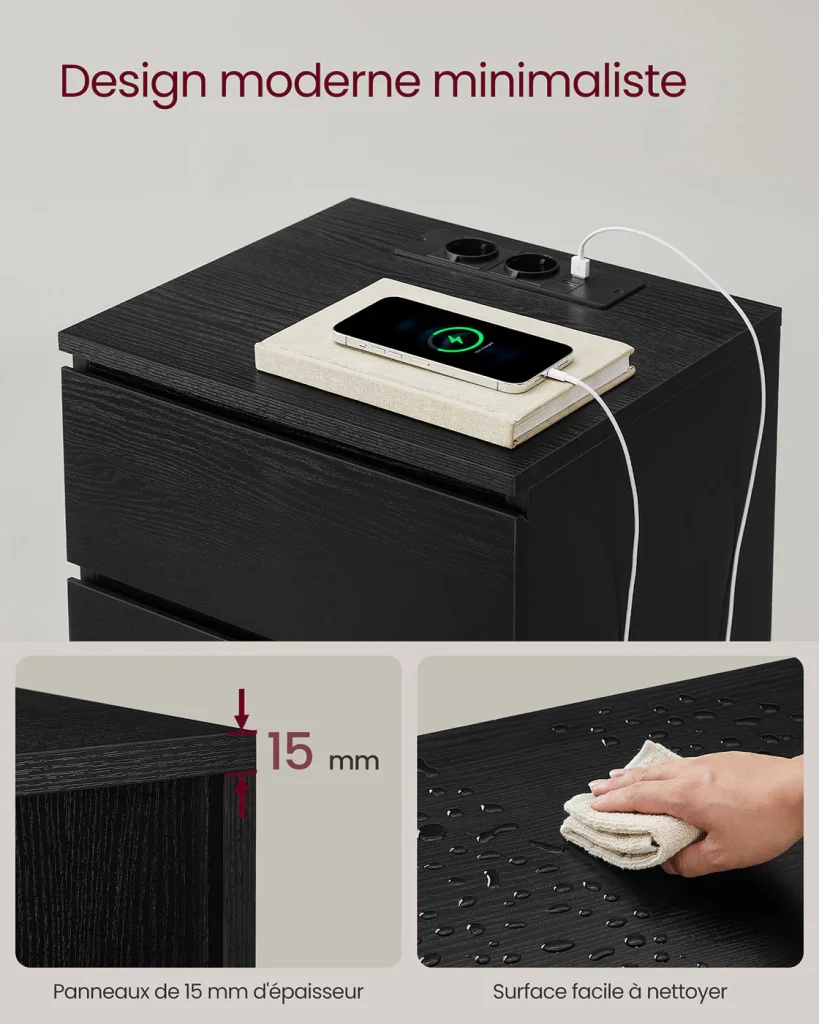 Comodino con multipresa tavolino laterale con 3 cassetti 2 prese CA 2 porte USB frontali dei cassetti smussati per soggiorno camera da letto ufficio moderno nero 12_0007609 - Image 6