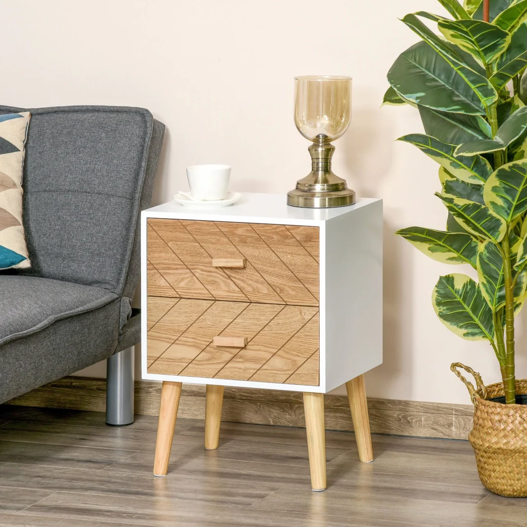 Comodino in Legno 2 Cassetti Stile Scandinavo Bianco e Legno 40x30x55,5 cm - Image 2