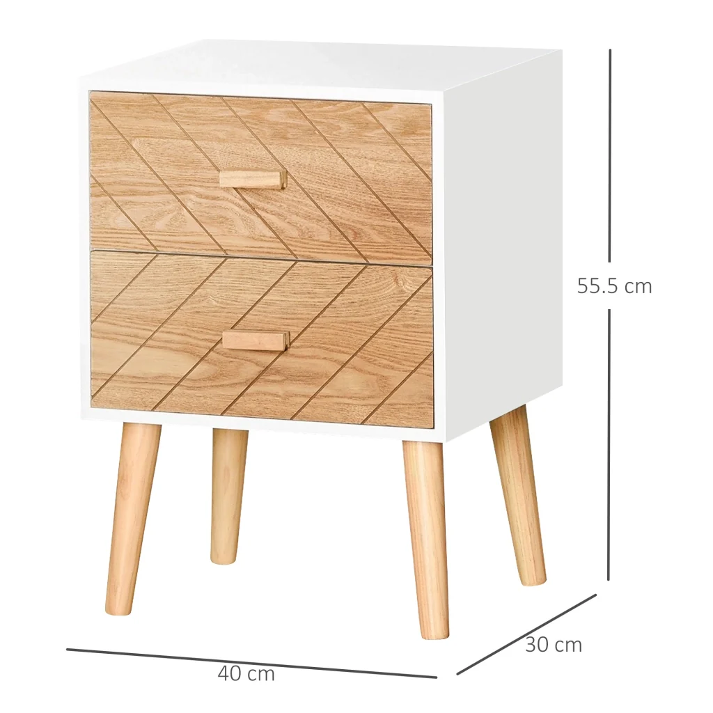Comodino in Legno 2 Cassetti Stile Scandinavo Bianco e Legno 40x30x55,5 cm - Image 3