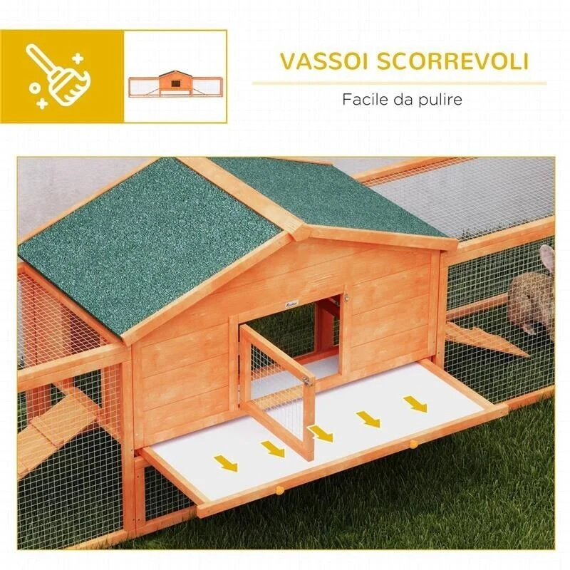 CONIGLIERA DA ESTERNO CON CASETTA, RAMPE E 2 RECINTI IN LEGNO, 309X69.5X87CM, ARANCIONE - Image 4