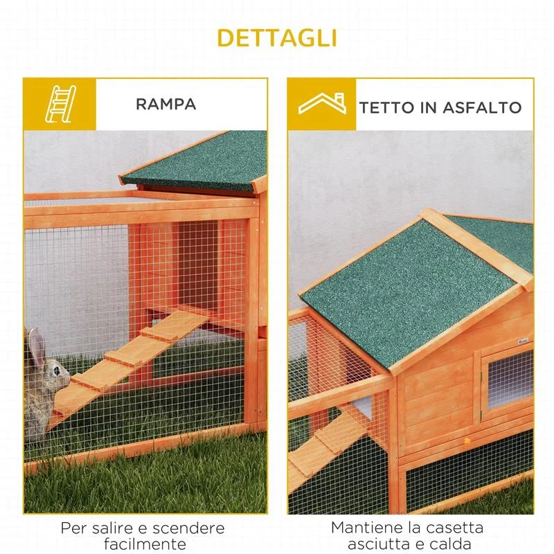 CONIGLIERA DA ESTERNO CON CASETTA, RAMPE E 2 RECINTI IN LEGNO, 309X69.5X87CM, ARANCIONE - Image 5