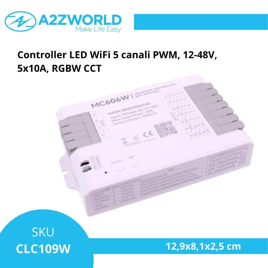 Controller LED WiFi 5 canali PWM, 12-48V, 5x10A, RGBW CCT - Image 2