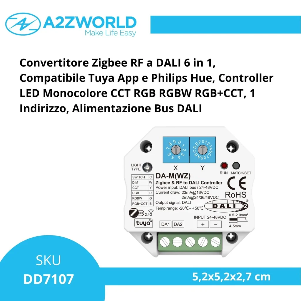 Convertitore Zigbee RF a DALI, Compatibile con Tuya APP e Philips Hue, Controller 6 in 1 per Monocolore CCT RGB RGBW RGB+CCT, 1 Indirizzo, Alimentazione Da Bus 15mA@16VDC o 2mA@24VDC - Image 2