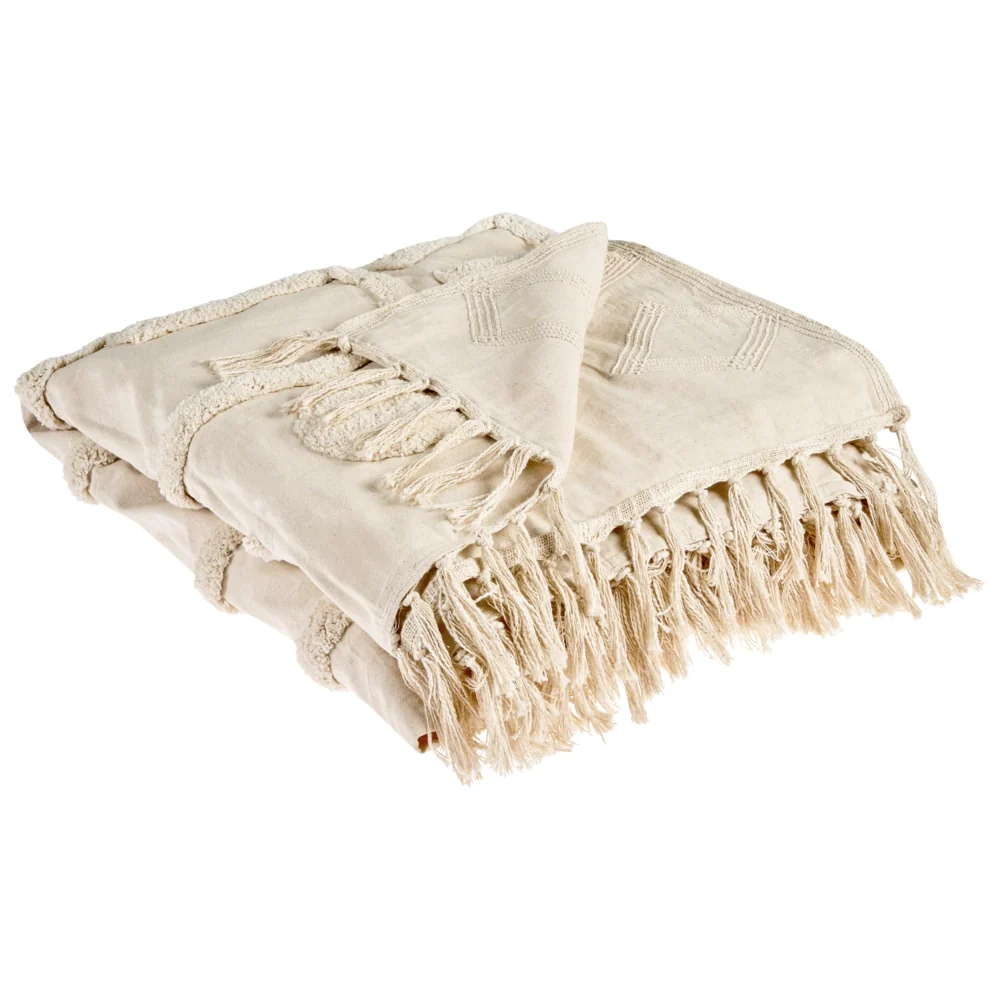 Coperta Beige Cotone 200 x 220 cm Grande Coperta Letto Lancio Ciuffo Stile Boho