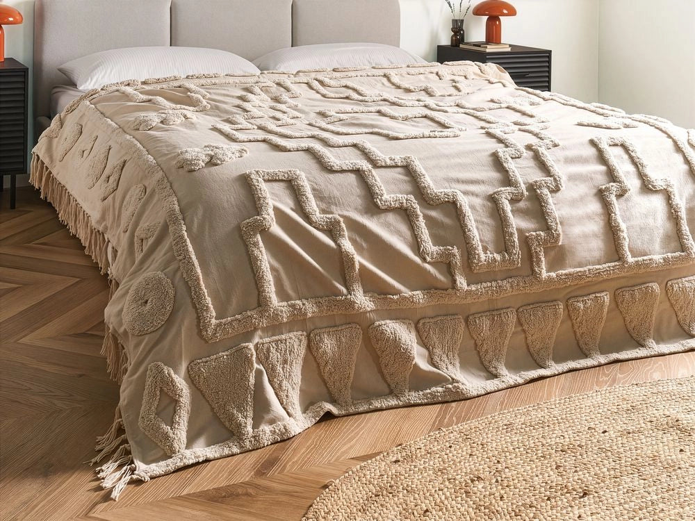 Coperta Beige Cotone 200 x 220 cm Grande Coperta Letto Lancio Ciuffo Stile Boho - Image 4