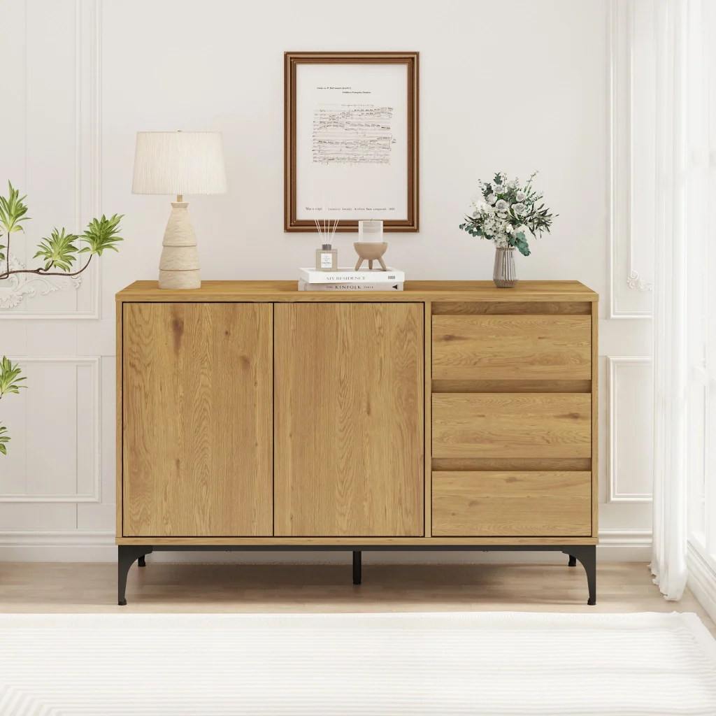 Credenza Bassa Kistiandi a 2 Ante e 3 Cassetti 77 x 120 x 40 cm - Effetto Rovere Scuro [en.casa] - Image 2